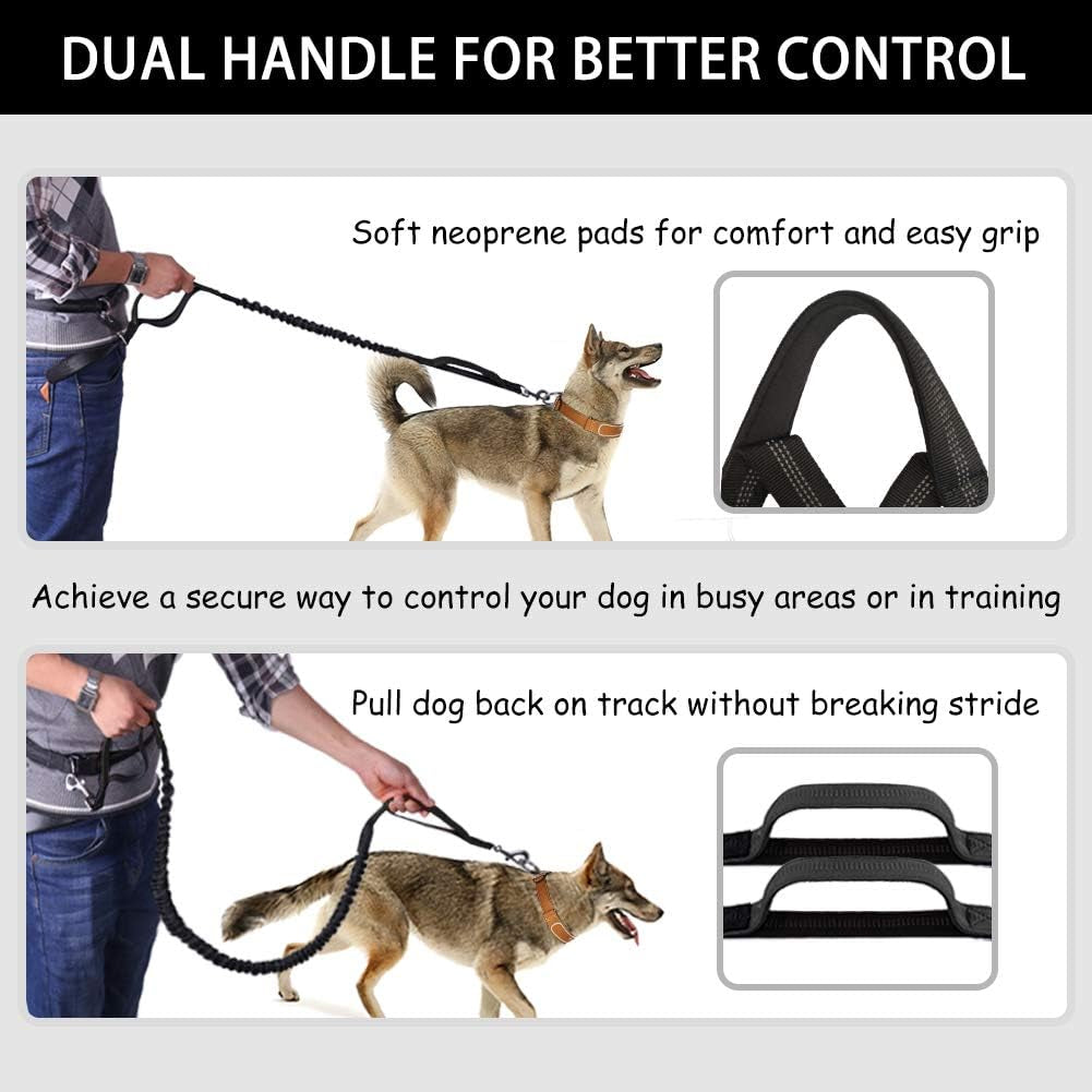 Hands Free Dog Leash, Waist Dog Running Leash for Medium to Large Dogs, Retractable Bungee Hands Free Leash for Walking Jogging Training Hiking, Adjustable Waist Belt, Dual Handle