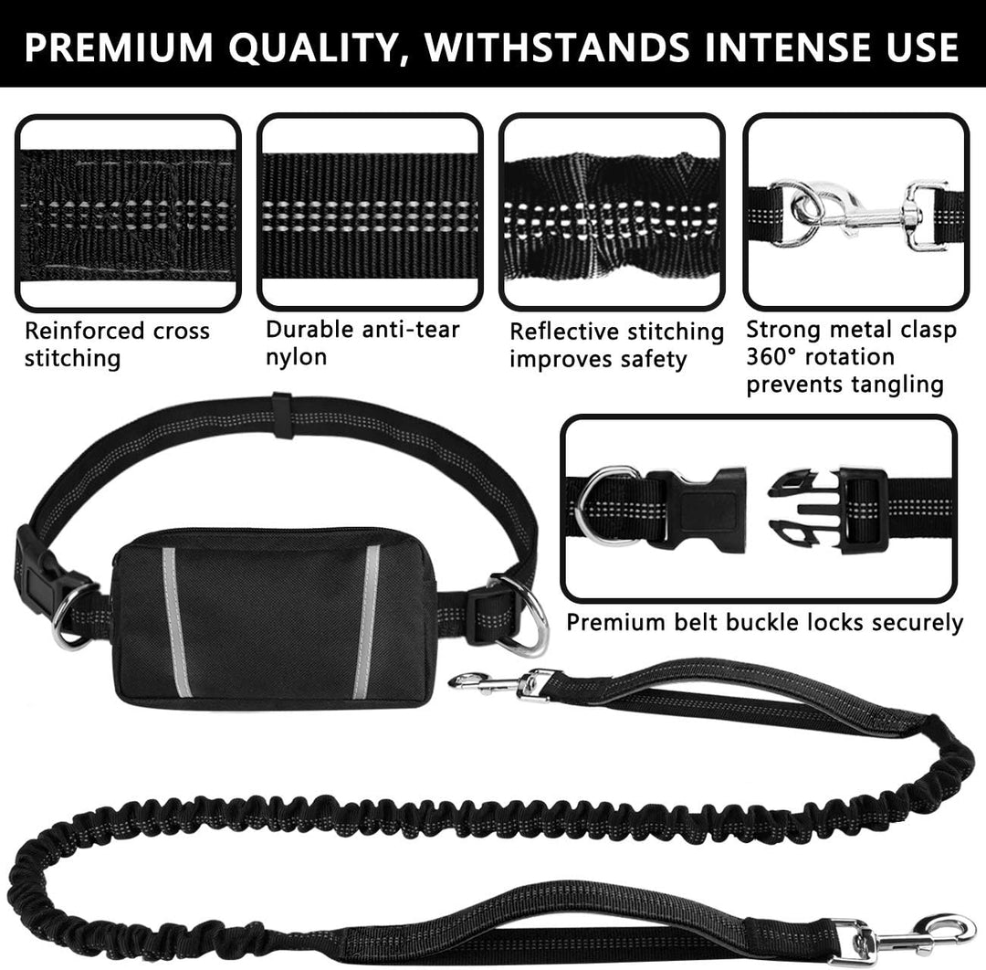 Hands Free Dog Leash, Waist Dog Running Leash for Medium to Large Dogs, Retractable Bungee Hands Free Leash for Walking Jogging Training Hiking, Adjustable Waist Belt, Dual Handle