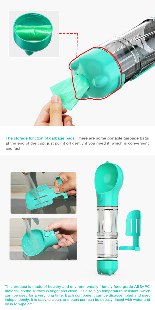 Portable Dog Water Bottle Food Feeder Drinker Poop Dispenser 3 In 1 Leak Proof Multifunctional Travel Puppy Outdoor Drinking